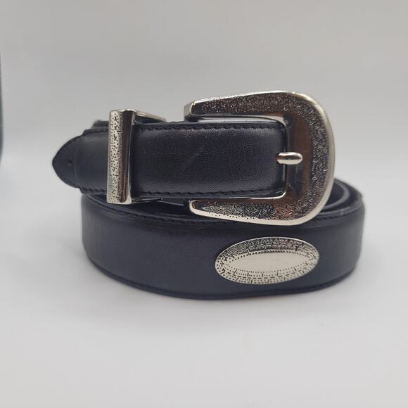 Black Leather Belt Mens 36 Silver Western Buckle Textured Concho Cowboy Rodeo - Picture 2 of 7